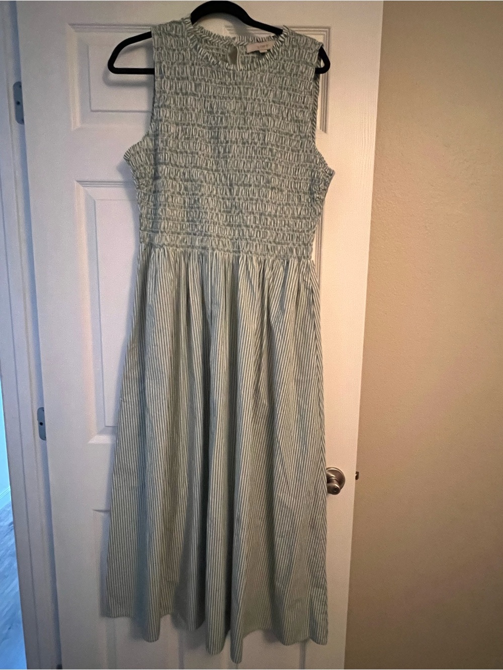 LOFT Light Green Striped Smocked Maxi Dress